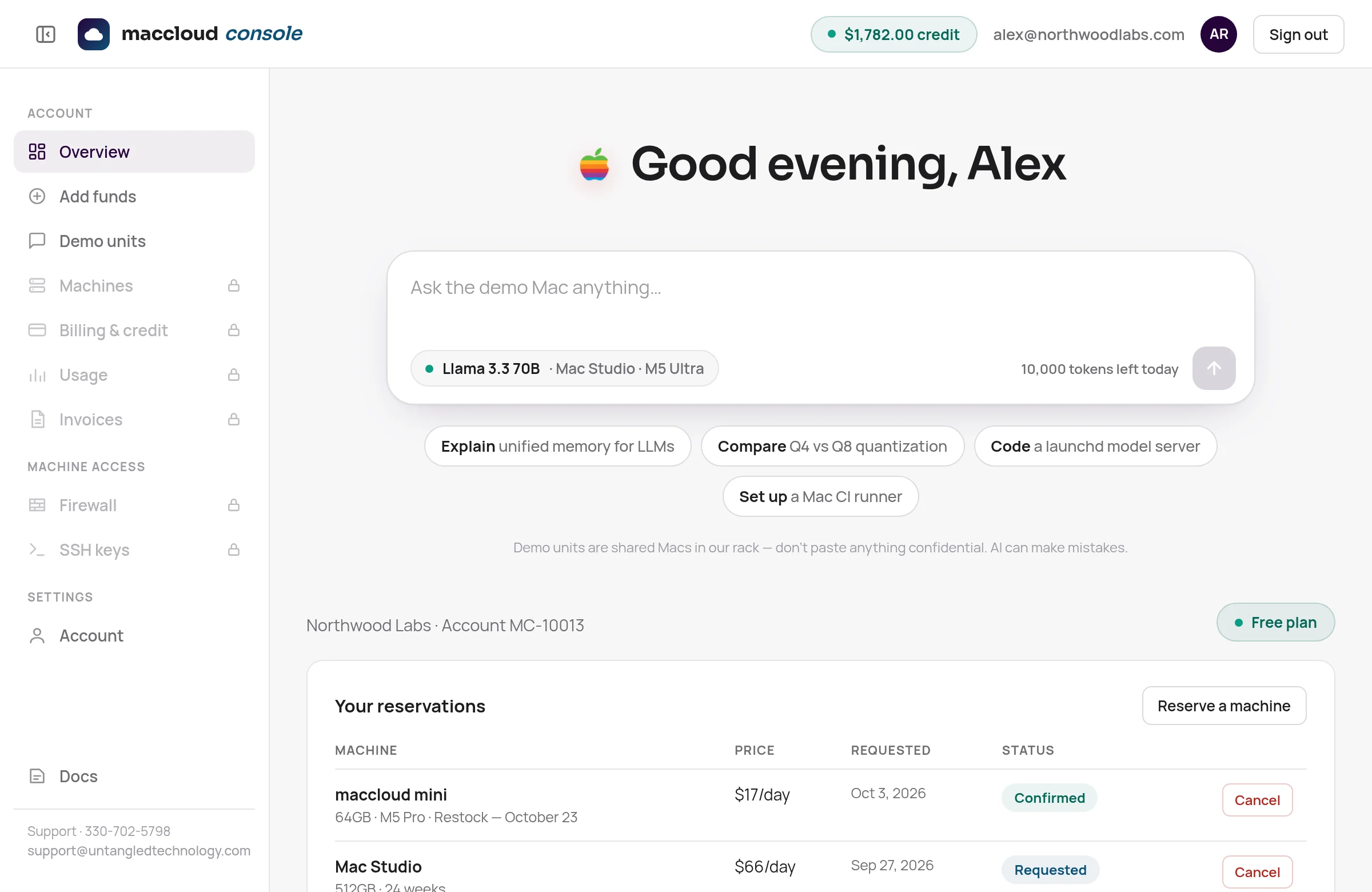 The maccloud console: account credit, a demo prompt to a Llama 3.3 70B model on a Mac Studio, and your reservations